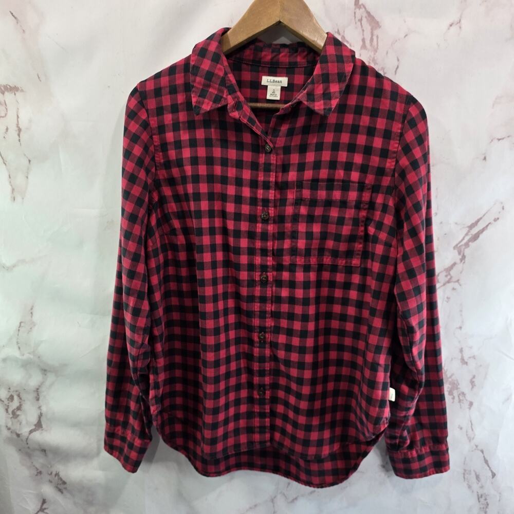 LL Bean Shirt Womens Small Red Black Buffalo Plaid Button Up Flannel Scotch